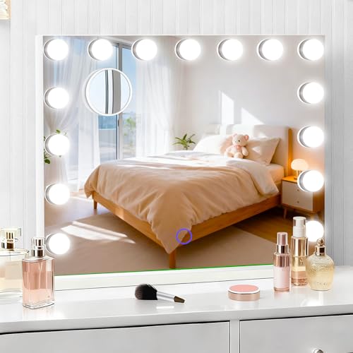 Hollywood Vanity Mirror with Lights 23" x 18" - 15 LED Bulbs, 3 Color Modes, 10x Magnifier