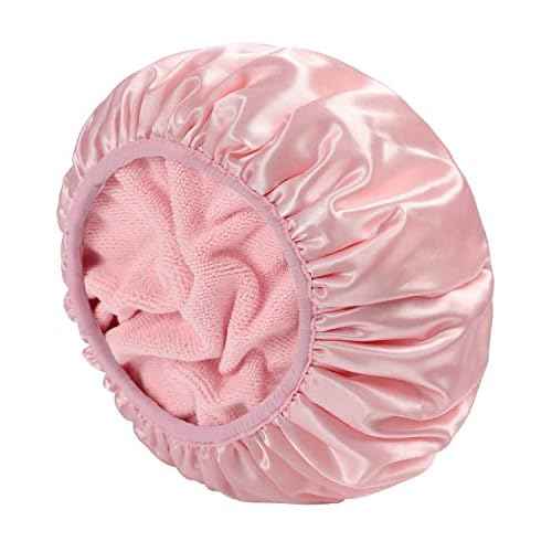 YIZIJIZI Terry Lined Shower Cap,Triple Layer Large Cap for Women,Shower Cap Reusable Waterproof,Long Thick Hair(Pink)