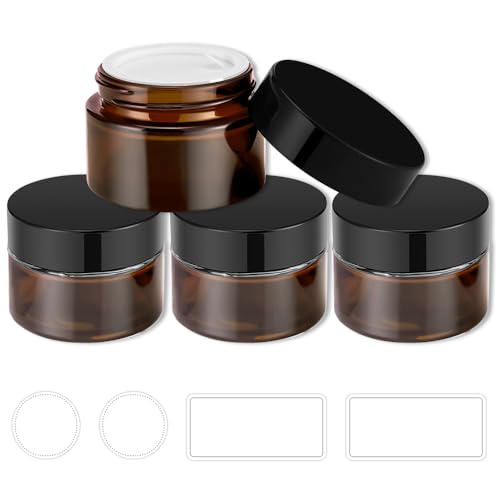 Tecohouse 4 Pack 1oz Amber Glass Jars with Lids for Cosmetics