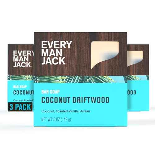 Every Man Jack Cold Processed Mens Bar Soap - Coconut + Driftwood Scent - Deeply Cleans & Hydrates with Shea Butter and Coconut Oil - (3 Pack)