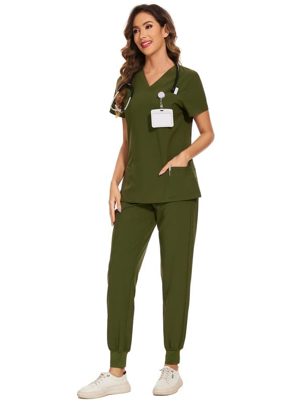 COZYFIT Scrubs for Women Set - Stretch V-Neck Scrub Top & Jogger Pant with 8 Pockets, Yoga Waistband, Anti Wrinkle, Slim Fit Women Scrubs - Olive Green, XS