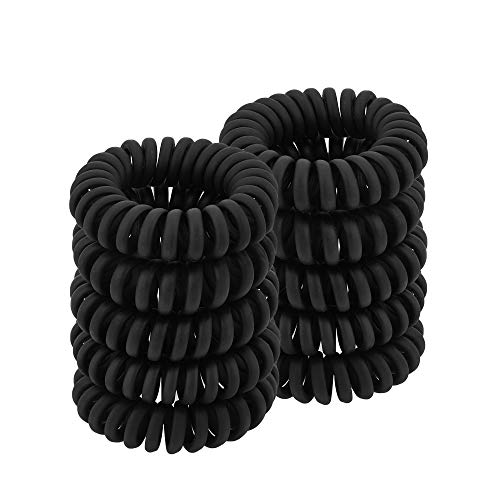 Matte Coil Ponytail Holders (Black, 10 Pcs) - No Crease Plastic Spiral Hair Ties for Thick and All Hair Types