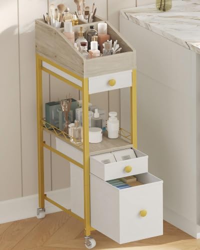 Rolling Makeup Organizer Cart with Drawers – 33in Metal & Fabric Storage