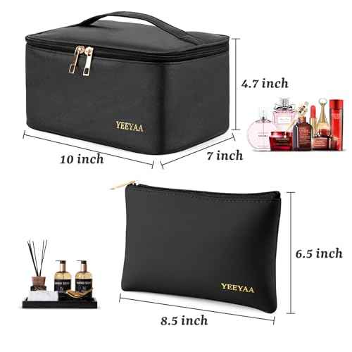 Travel Makeup Bag Toiletry Bag Waterproof Large Capacity Cosmetic Bags for Women Portable Make up Organizer Pouch With Divider Vegan Leather 2PCS Gifts for Mother Girls Black