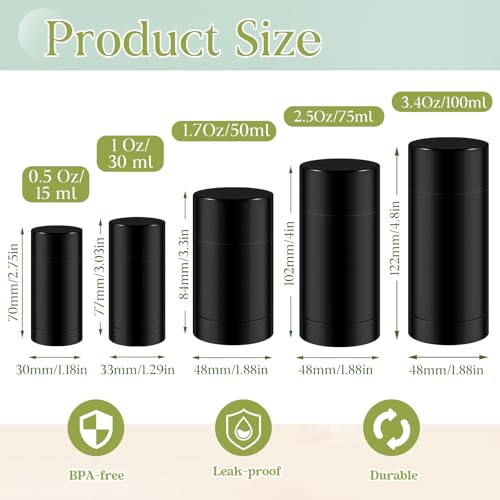 30 Pcs Empty Deodorant Containers Twist up Filling Stick Plastic Deodorant Container Refillable Bottles Bottomfill Round Lip Balm Tubes for Homemade DIY Lipstick Crayon(100 ml,Black)