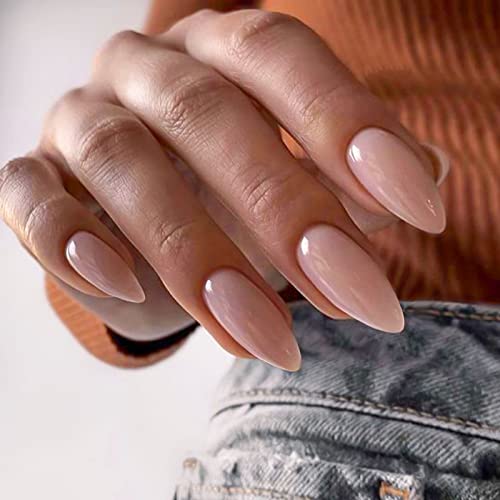 YOSOMMK Nude Press on Nails Almond Shaped Fake Nails Medium Glossy Stick on Nails Natural Full Cover False Nails Acrylic Glue on Nails for Women