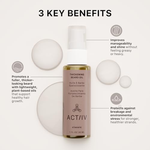 ACTIIV Thickening Beard Oil | Promotes Thicker Fuller Beard Growth, Nourishes & Softens Facial Hair, Lightweight Non-Greasy Formula, Vegan, Plant-Based, All Beard Types