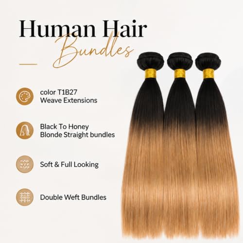 Honey Blonde 1B/27 Brazilian Human Hair Bundles 12-16 Inch Natural Straight Extensions