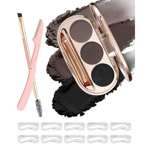 Waterproof Eyebrow Powder Kit - 3 Colors Long-Lasting Brow Powder Palette with Brush Razor & Stencil, Natural Tinting Powder for Women Sparse Brows | #03 Medium Brown, Dark Brown, Black