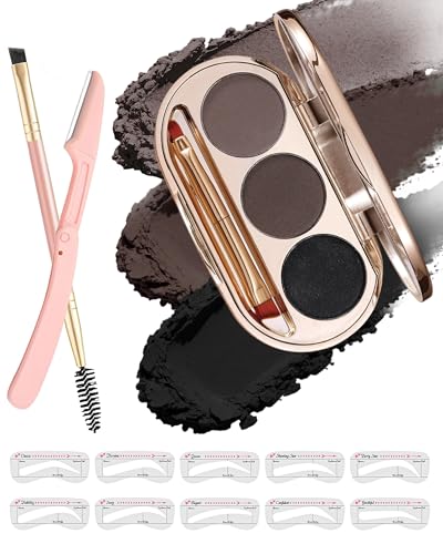 Waterproof Eyebrow Powder Kit with Brush, Razor & 10 Stencils