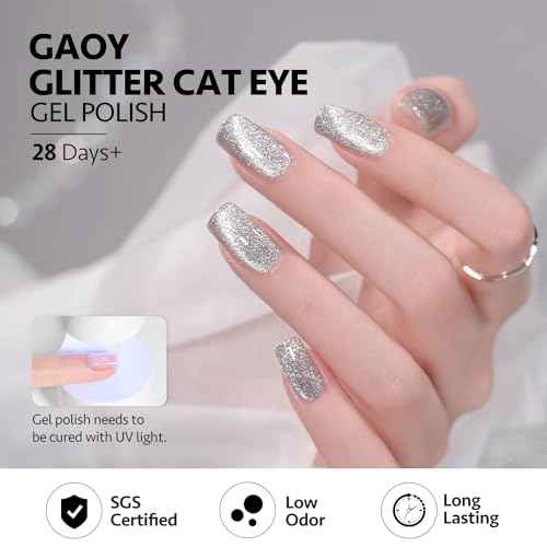 GAOY Platinum Cat Eye Gel Nail Polish, 16ml Silver Glitter Holographic Nail Polish with Magnet, Reflective Translucent UV Gel, 2230 Star Shower