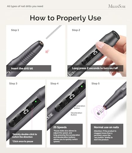 MelodySusie Cordless Nail Drill PC180G - 25000RPM Electric File