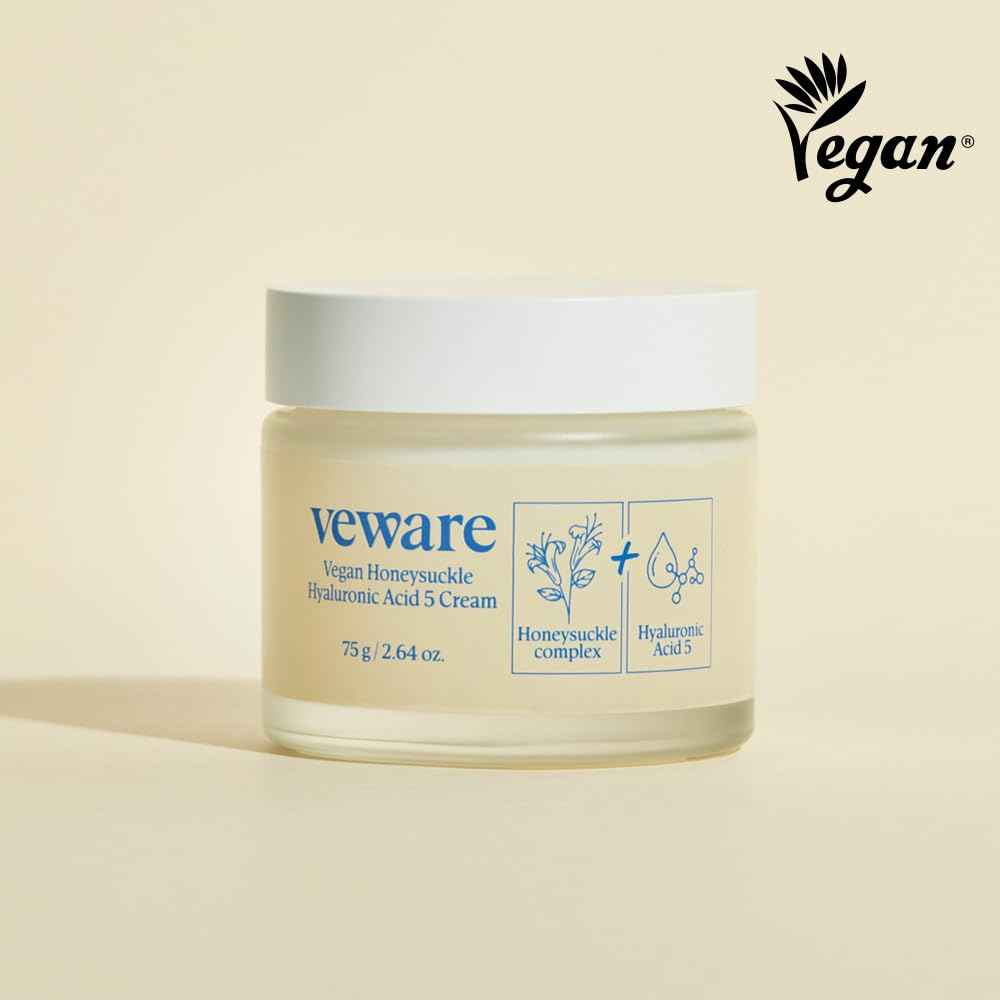 Veware Vegan Honeysuckle Hyaluronic Acid 5 Moisturizing Cream - Soothing & Hydrating for Sensitive Skin - Fragrance-Free, Alcohol-Free, 75g