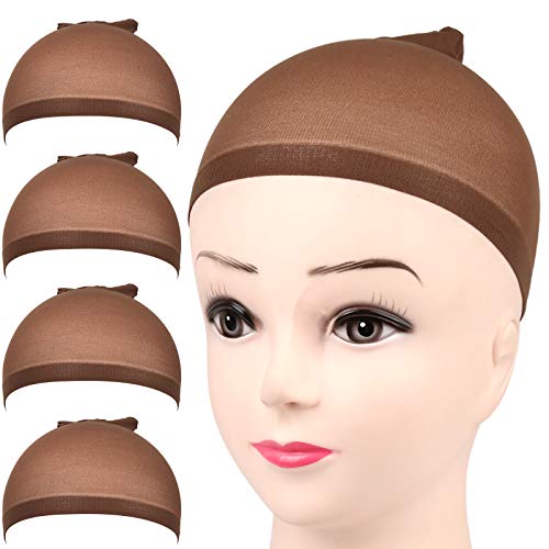 Nylon Wig Cap - Dark Brown Stocking Cap for Women, 4 Pack, Stretchy & Washable
