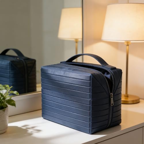 Decumeby Navy Blue Foldable Travel Makeup Bag with Compartments Waterproof PU Leather