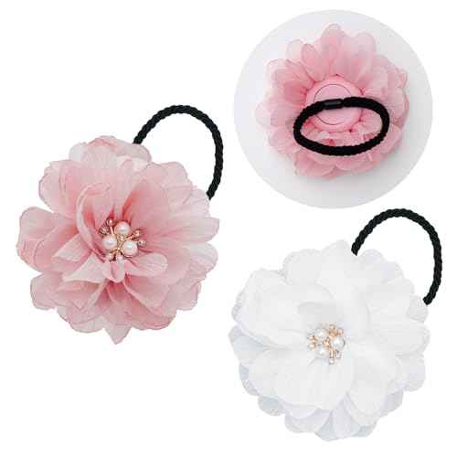 2 Pack Kids Hair Ties Holder for Airtag, Cute Flower Hidden Hair Elastic Band Tracker Case for Girls (Pink White, Thick Hair)