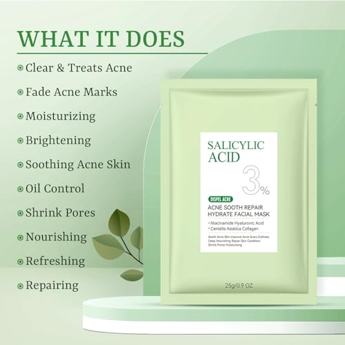 Anti Acne Face Mask Salicylic Acid Face Masks Skincare, Hydrating Face Masks, Soothing Facial Sheet Masks Skin Care for Acne Prone, Acne Mask for Pimple Breakouts Oil Control, 10 Pack