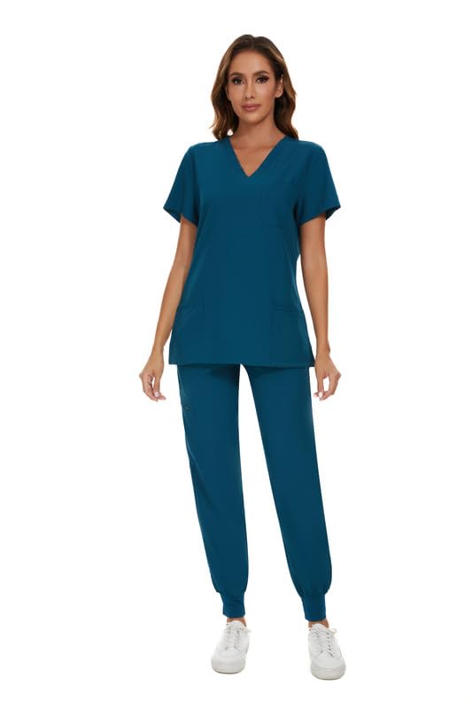 COZYFIT Scrubs for Women Set - Stretch V-Neck Scrub Top & Jogger Pant with 8 Pockets, Yoga Waistband, Anti Wrinkle, Slim Fit Women Scrubs