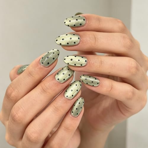 UZJXQ Short Oval Metallic Green Black Polka Dot Press-On Nails - Style-4, Reusable