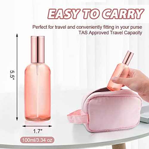 6 Pack 3.4 Oz Pink Glass Spray Bottles,Empty Perfume Fine Mist Atomizer,Refillable Travel Liquid Holder Containers for Cleaning Products,Essential Oils,Body Sprays-Rose-Golden Sprayer