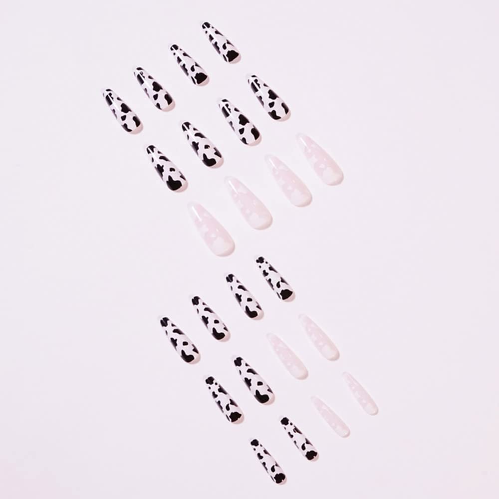 YoYoee Cute Press on Nails - Cows Coffin Long Flase Nails Tips Acrylic Full Cover Fake Nails for Women and Girls 24Pcs