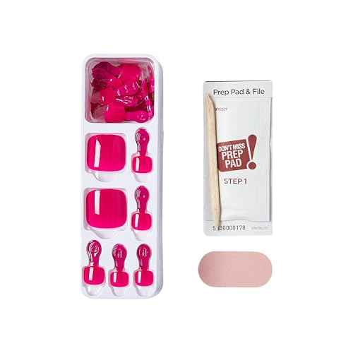 KISS imPRESS No Glue Mani 30 Pcs Press On Toenails, Hot Pink Stick On Extension False Nails for Toes, Peel & Press Easy Apply, Hassle-Free Removal, Includes Manicure Stick, Prep Pad & File