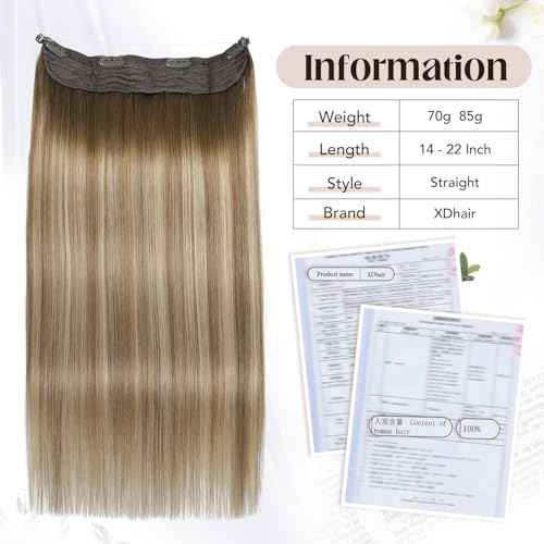 XDhair Wire Hair Extensions 70g 16 Inch Hairpiece Balayage Blonde Real Human Hair Extensions with Invisible Secret Fish Wire,Walnut Brown to Ash Brown and Blonde #3/8/22 16 Inch