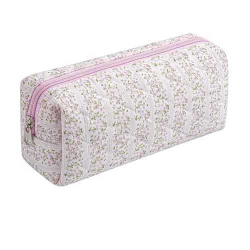 Cute Floral Cotton Makeup Brush Cosmetic Bag for Women, Travel Quilted Zipper Make Up Bag, Flowers Toiletry Organizer Case Kawaii Makeup Cosmetic Travel Cloth Pouch (Pink Floral)