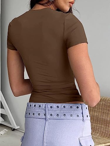 Abardsion Women's Casual Basic Going Out Crop Tops Slim Fit Short Sleeve Crew Neck Tight T Shirts (Brown, S)