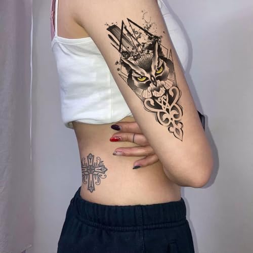 8 Sheets 3D Black Realistic Temporary Tattoos for Men Women Adults, Owl Sketch Dreamcatcher Flower Rose Halloween Fake Half Arm Sleeve Tattoos Stickers Legs Kit Sets
