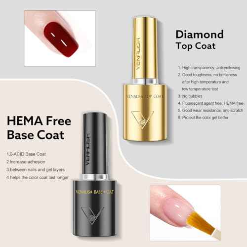 VENALISA No Wipe Gel Top Coat and Base Coat Set 2 Pcs 10ML for Gel Nail Polish, Shiny Finish and Long Lasting Soak Off Salon Manicure DIY at Home For Girls Women