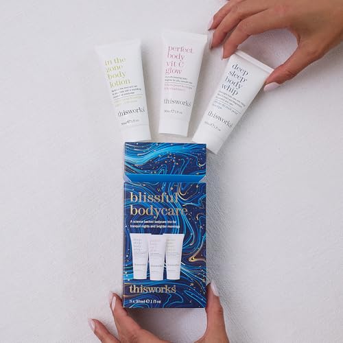 THISWORKS Blissful Bodycare Trio ? Deep Sleep Body Whip, Perfect Body Vit C Glow, In The Zone Body Lotion (30ml each) ? Travel-Size Moisturizers
