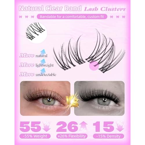 Natural Lash Clusters Kit Wispy Eyelash Clusters Short 8-10-12mm Lash Extensions Kit Invisible Band Lashes Clusters Kit C-Curl Individual Lashes Short Cluster Eyelash Extensions for Glasses