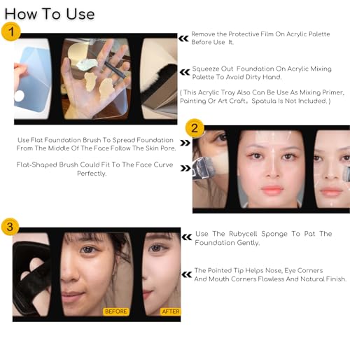Flat Foundation Brush Rubycell Sponge & Mixing Palette Makeup Tool Couple Set- Ideal for Liquid Foundation,Ultra-Soft Seamless Blender for Flawless Natural Makeup,Minimized Absorb, Long-Lasting
