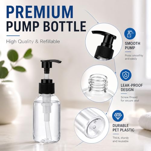 3 Pack Refillable 3.4oz (100ml) Clear Pump Lotion Bottles - Leakproof Dispensers for Home & Travel