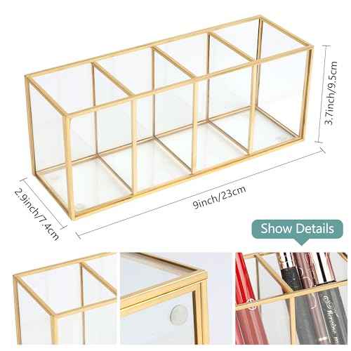 ELEGANTLIFE Clear Glass Makeup Brush Organizer,Luxurious Tempered Glass Cosmetics Brushes Storage Holder for Refined Bathroom Decor (Gold, 4 Sections)