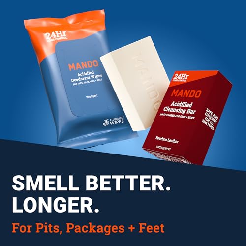 Mando Whole Body Starter Kit - 2.6oz Solid Stick, 3.6oz Spray, 1.5oz Acidified Body Wash, 5oz Acidified Cleansing Bar, 15ct Deodorant Wipes - Aluminum Free Odor Control - 5 pc Bundle (Bourbon Leather)