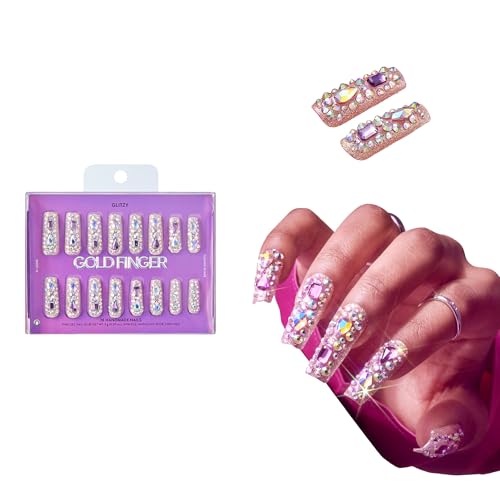 Glitzy 3D Handmade Press On Nail Kit, Multicolor Rhinestone Gem X-Long Square False Nail, Reusable & Lasts Up To 2 Weeks, Seamless Snug Fit Technology, Includes Glue, File & 28Pcs Manicure Set
