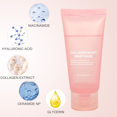 Collagen Overnight Wrapping Peel Off Facial Mask with Jelly Brush, Skin Hydration & Firming & Glowy, Improve Sagging & Dullness, Korean Skincare(75ml, 2.54 fl.oz)