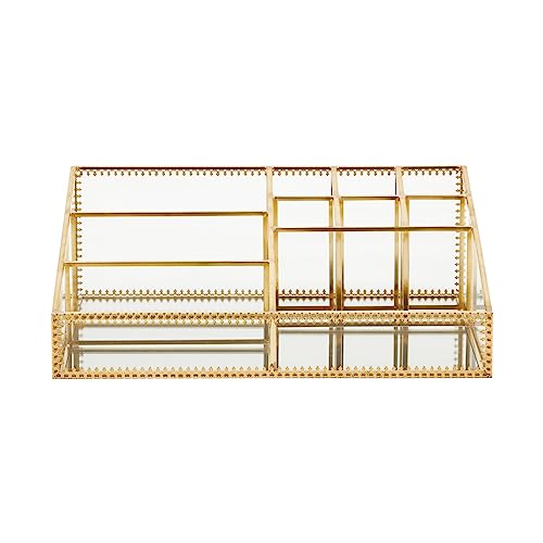 Glamlily Glass Makeup Organizer with Gold Trim for Vanity, Cosmetic Storage (10.2 x 7.5 x 3.5 In) - Makeup Storage