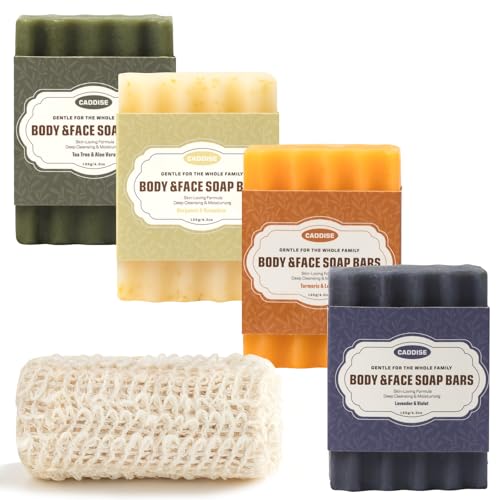 Natural Soap Bar ? Handmade Soap with Foaming Pouch, Face & Body Wash, Moisturizing & Cleansing with Tea Tree & Coconut Oil, Shea Butter, Jojoba & Honey, Gift for Men & Women, 4 Pack 16.8 Oz