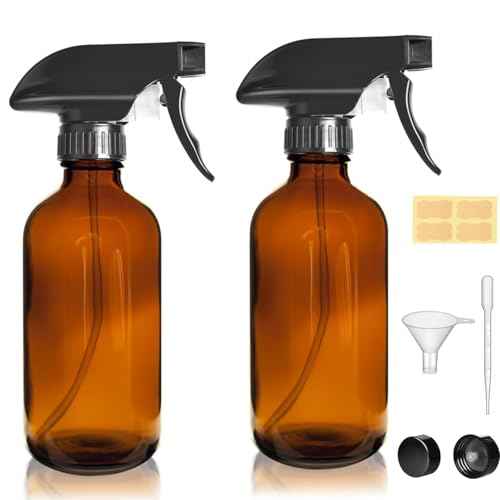 8oz Amber Glass Spray Bottles - 2 Pack Empty Refillable Bottles for Cleaning, Hair Care, Essential Oils, Plants - Includes Durable Nozzle, Labels, Funnel & Dropper, Handheld Size