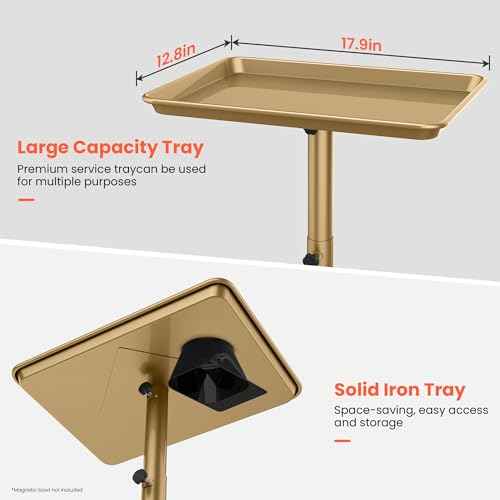 TASALON Premium Salon Tray on Wheels, Aluminum Salon Rolling Tray Trolley for Salon Essentials, Adjustable Height Provides Ample Storage for Hairstylist Tray, Tattoo Tray and Clinic Tray Use - Gloden