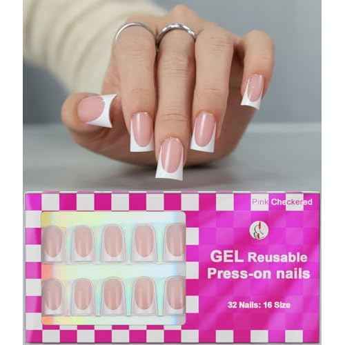 Anyos 16 Sizes French Tip Short Duck Press on Nails,Soft Gel Fake Nails Glossy 32pcs with Nail Glue (Classic French)