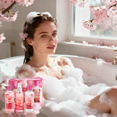 Bath Gift for Women and Girls, Japanese Cherry Blossom Spa Set With Natural Extracts, 3PCS Set - Shower Gel, Lotion, Mist, Personal Self Care Kit, Body Care Travel Set