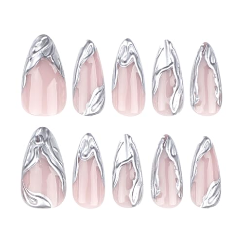 MISUD Press on Nails Medium Almond Fake Nails Glossy Glue on Nails Bling Pink Chrome Acrylic Nails Stiletto Pearl Flash Artificial Nails Cute Bow Stick on False Nails with Design 24 pcs