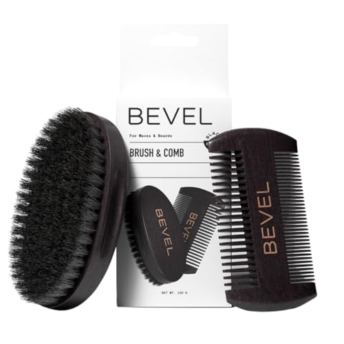 Bevel Beard Brush and Comb Set for Men ? Natural Boar Bristle Brush & Pearwood Comb with Travel Pouch ? Beard Grooming Kit for Shaping, Soften & Detangling Mustaches