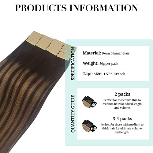 DOORES 50g 20pcs Tape in Human Hair Extensions Balayage Dark Brown to Chestnut Brown Real Natural Tape in Straight Skin Weft Remy Hair Extensions 22 Inch