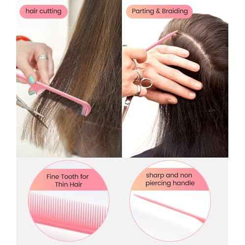 6PCS Professional Hair Comb Set for Women & Men Rat Tail, Wide & Fine Tooth Combs for Curly Hair, Braiding, Barber Styling, Cutting & Parting (Pink)