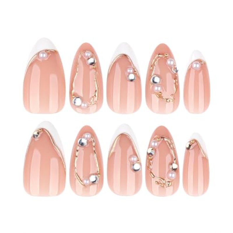 Medium Almond Press On Nails - Milky Nude with French Tips & Gold Accents
